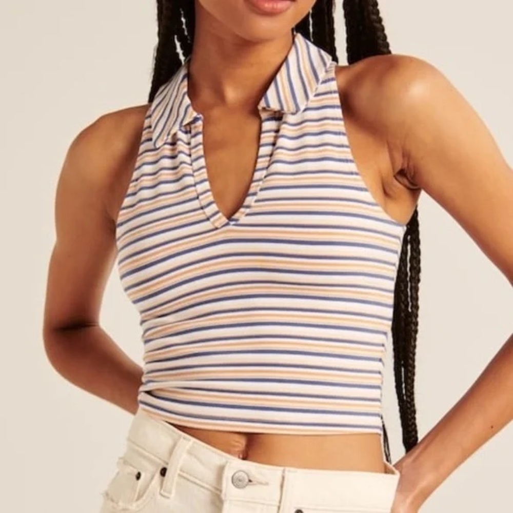 A&F Multi-Stripe Essential Polo Tank in Orange, White, Blue Stripes